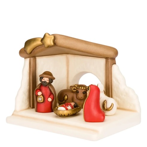 Thun Set Capanna e Sacra Famiglia con bue e asinello rosso