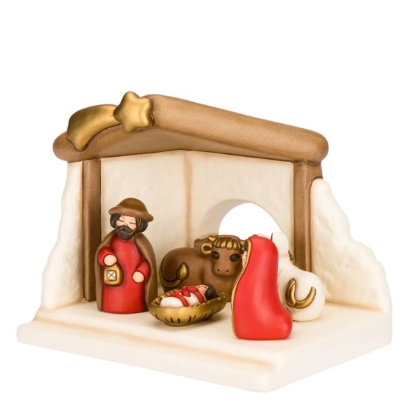 Thun Set Capanna e Sacra Famiglia con bue e asinello rosso