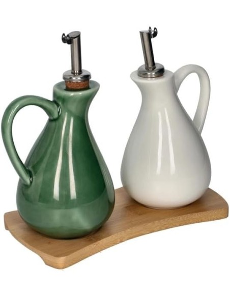 Brandani - Set Olio & Aceto in porcellana colorata con vassoietto in bamboo
